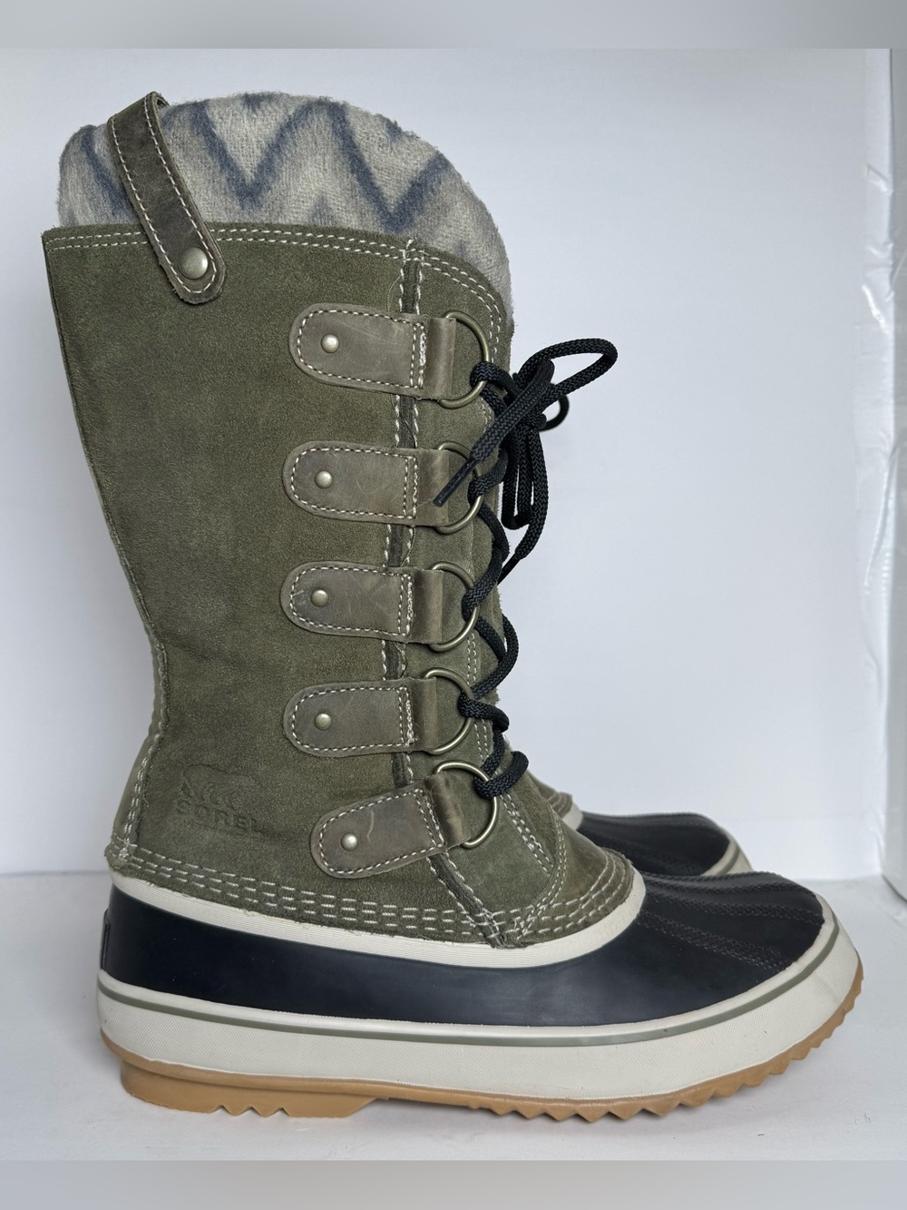 Sorel NL2429 Joan Of Arctic Women's 10 Winter Snow Boots Olive Sage Green No Fur